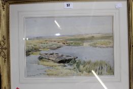 Claude Hayes (British 1852-1922) A marshland scene with rowing boat Watercolour Signed lower left