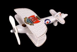 Rare Model of a Biplane by Carlton China, inscribed `Victory of Justice Armistice of the Great War