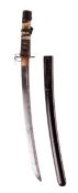 A Japanese Wakizashi with a slightly curved 46cm blade, plain tang pierced with two holes, pierced