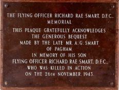A Bronze Memorial Plaque - Flying Officer Richard Rae Smart D.F.C. mounted on oak panel, 30cm x