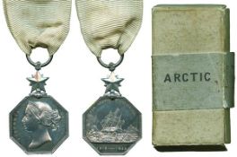 ARCTIC MEDAL, 1818-1857, unnamed as issued, with original ribbon and rare original box of issue. Old