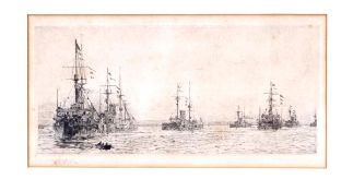 Three large etchings of WW1 battleships and two smaller examples signed W.Y. Wylie, (5)