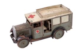 An Hausser 738 Early Tinplate Clockwork Military Ambulance light grey finish, 29cm long overall