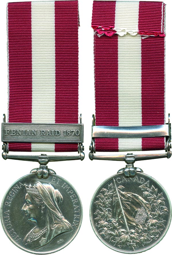 CANADA GENERAL SERVICE MEDAL, 1866-1870, single clasp, Fenian Raid 1870 (Pte. J. Bronsard. 70th