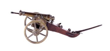 A Fine Model Saluting Field Cannon, 19th Century with a 16cm five-stage sighted brass barrel moulded