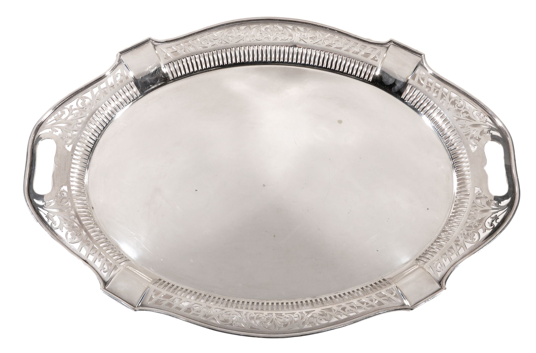 An electro-plated shaped oval tray, with a pierced foliate border, 61cm long An electro-plated