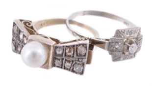 A rose cut diamond and cultured pearl set dress ring, circa 1950 A rose cut diamond and cultured
