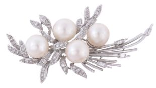 A cultured pearl and diamond brooch, the four cultured pearls set amongst a... A cultured pearl and