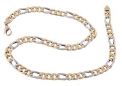 A gold figaro neckchain, with a lobster claw clasp, stamped œt A gold figaro neckchain, with a