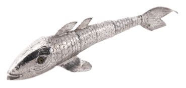 A South American silver coloured articulated model of a fish, A South American silver coloured