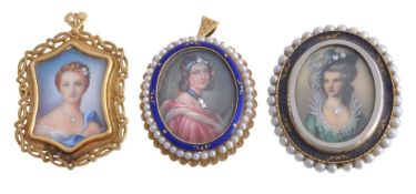 Three pendant miniatures, each painted with the image of a lady Three pendant miniatures, each