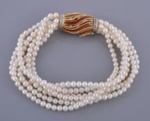 A cultured pearl bracelet, the six row bracelet with uniform cultured pearls... A cultured pearl
