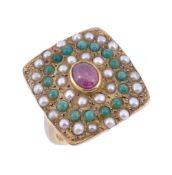 A ruby, seed pearl and turquoise panel ring A ruby, seed pearl and turquoise panel ring , the panel