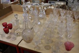 A quantity of mixed glassware to include six decanters, a part suite of Stuart drinking glasses,