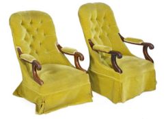 A similar pair of mahogany framed and upholstered armchairs, 19th century, each with a button
