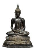 A Thai bronze sitting Buddha sitting in a meditation poses atop a lotus pedestal throne, 35cm high P