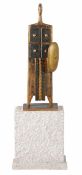 Unknown Artist. Figure with lance and shield, Wood on a stone plinth, 94.7cm high overall