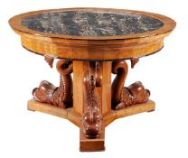 A Continental burr maple and marble mounted circular centre table, circa 1860, variegated black