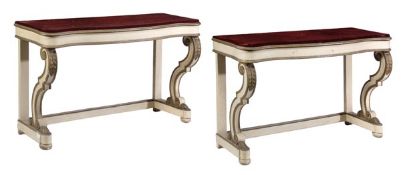 A pair of cream and gold painted serpentine fronted console tables in Regency style, 20th century, e