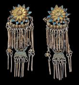 Two pairs of white metal, gilded earrings, Qing dynasty, shaped as flowers and flower baskets,