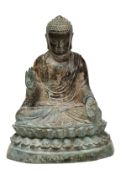 A Thai bronze Buddha sitting atop a double lotus pedestal in meditating position, 25cm high Please n