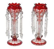 A pair of Bohemian ruby flash, cut and moulded glass table lustres, late 19th century, each of