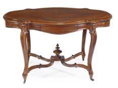 A Victorian rosewood centre table, circa 1870, the cartouche-shaped top with moulded edge and