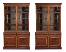 A pair of mahogany and satinwood crossbanded bookcases in George III style, 19th century and