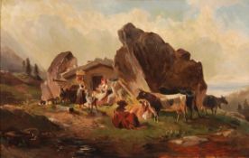 Follower of Friedrich Gauermann, Cattle, goats and peasants by an Alpine shack, Oil on board,