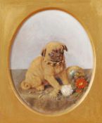 Horatio Henry Couldery (1832-1918), A pug dog playing with flowers, Oil on board, Oval, Signed
