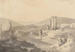 William Day (1764-1807), Caerfilly Castle, Glamorganshire, Monochrome watercolour and pencil,