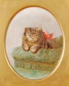 Horatio Henry Couldery (1832-1918), A kitten on a chair, Oil on board, Oval, Signed with monogram