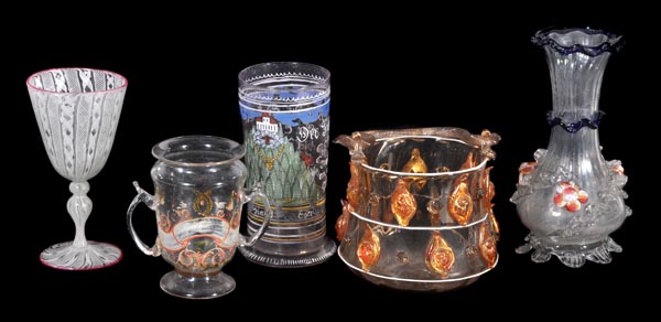 A selection of continental glass, comprising; a Bohemian loving cup enamelled in colours, 11cm