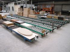 Ten runs of 400/500mm width gravity roller conveyor, floor mounted, approx. 80m length in total (