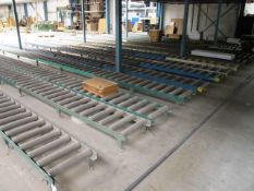 Sixteen runs of 400/500mm width gravity roller conveyor, floor mounted, approx. 170m length in total