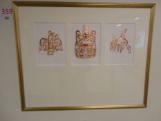 Bill Reid framed print depicting 3 prints 'Haida eagle' 'Haida beaver' & 'Haida whale' 660 x 530mm