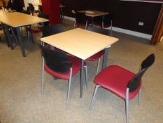 Ten 800mm x 800mm sapele dining tables & 26 GDP steel framed stacking chairs with red leatherette
