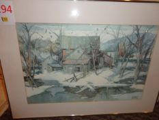 Framed Garnet Hazard print of as winter scene 660 x 490mm & framed print by D R Hall '79' 'street