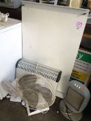 Two space heaters, two fans, flip chart stand