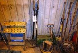 Quantity of assorted workmans tools including shovels, brushes, hole digger, portable work
