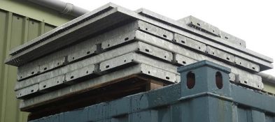 Pallet of galvanised steel mesh shelf sections, assorted size, and two matching mesh framed sections