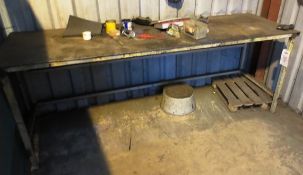 Steel bench, 2450 x 750 x 900mm high,  three shelf rack and small table (located at Unit 10,
