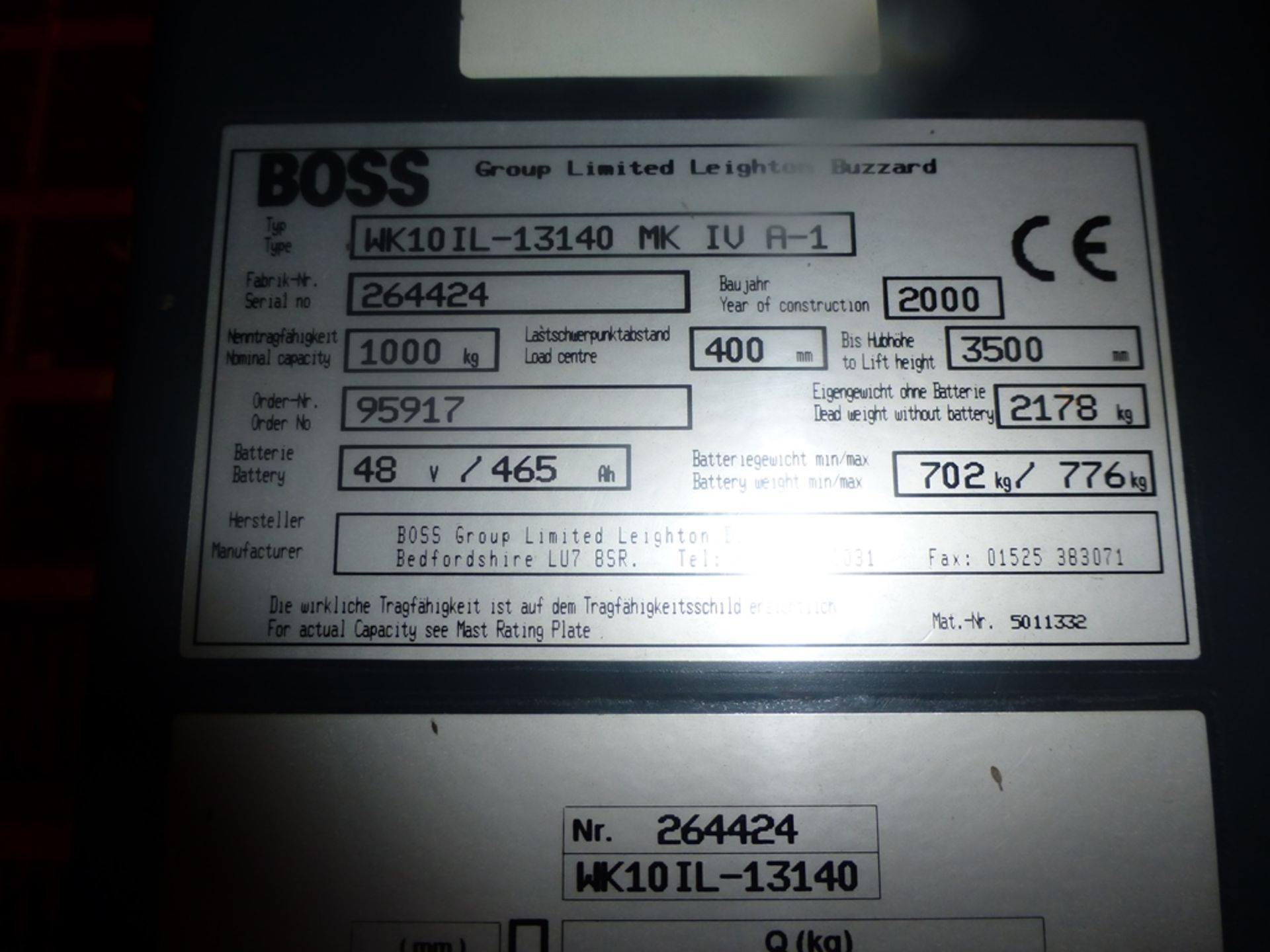 Boss type WK10 IL-13140 MK IV A-1 electric high level order 
picker, 1000Kg capacity, Serial no. - Image 3 of 3