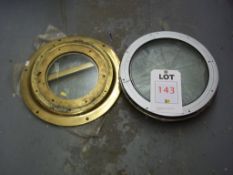 3 brass porthole frames, 15in dia., 11 3/4in dia. and 10in dia. and 3 various port hole frames
