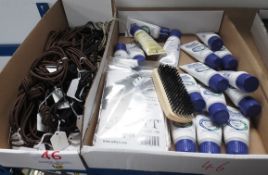 Box of assorted laces and a box of assorted items to include Nikwax waterproofing, Selvyt