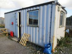 Steel 20ft (approx) site cabin/office, fitted 3 windows (2 with mesh protection, mesh, secure