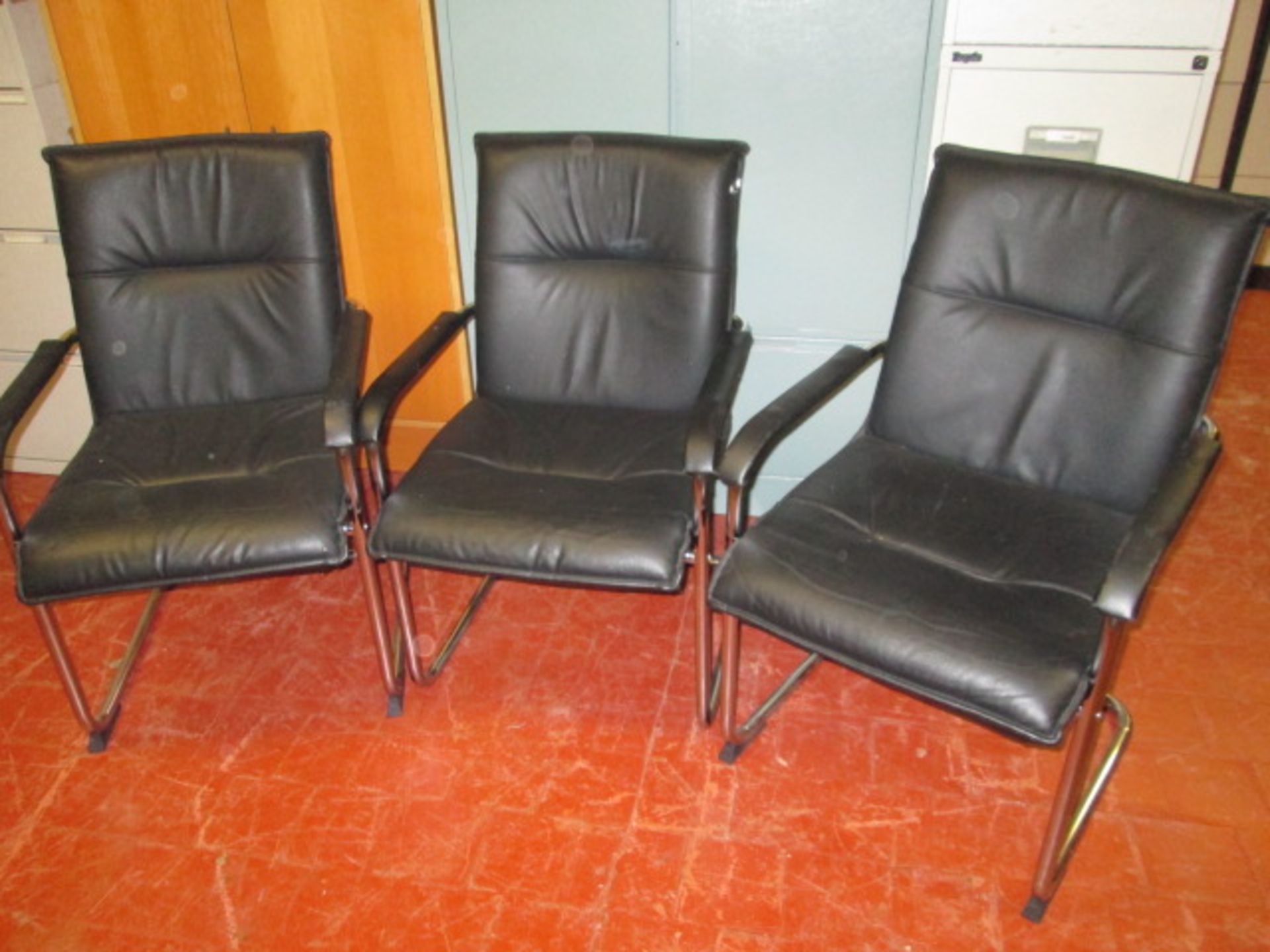 3 x Black Faux Leather & Chrome Cantilever Chairs