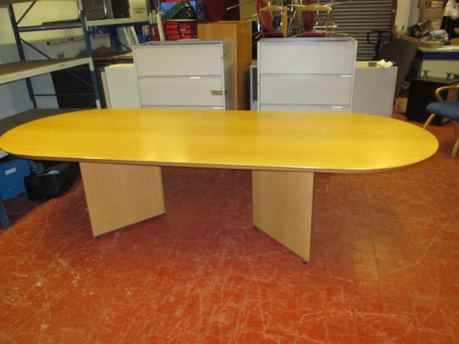 Solid Wood Oval Boardroom Table on Wood V Shaped Legs. (Size - L 3m x W 120cm x H 76cm).
