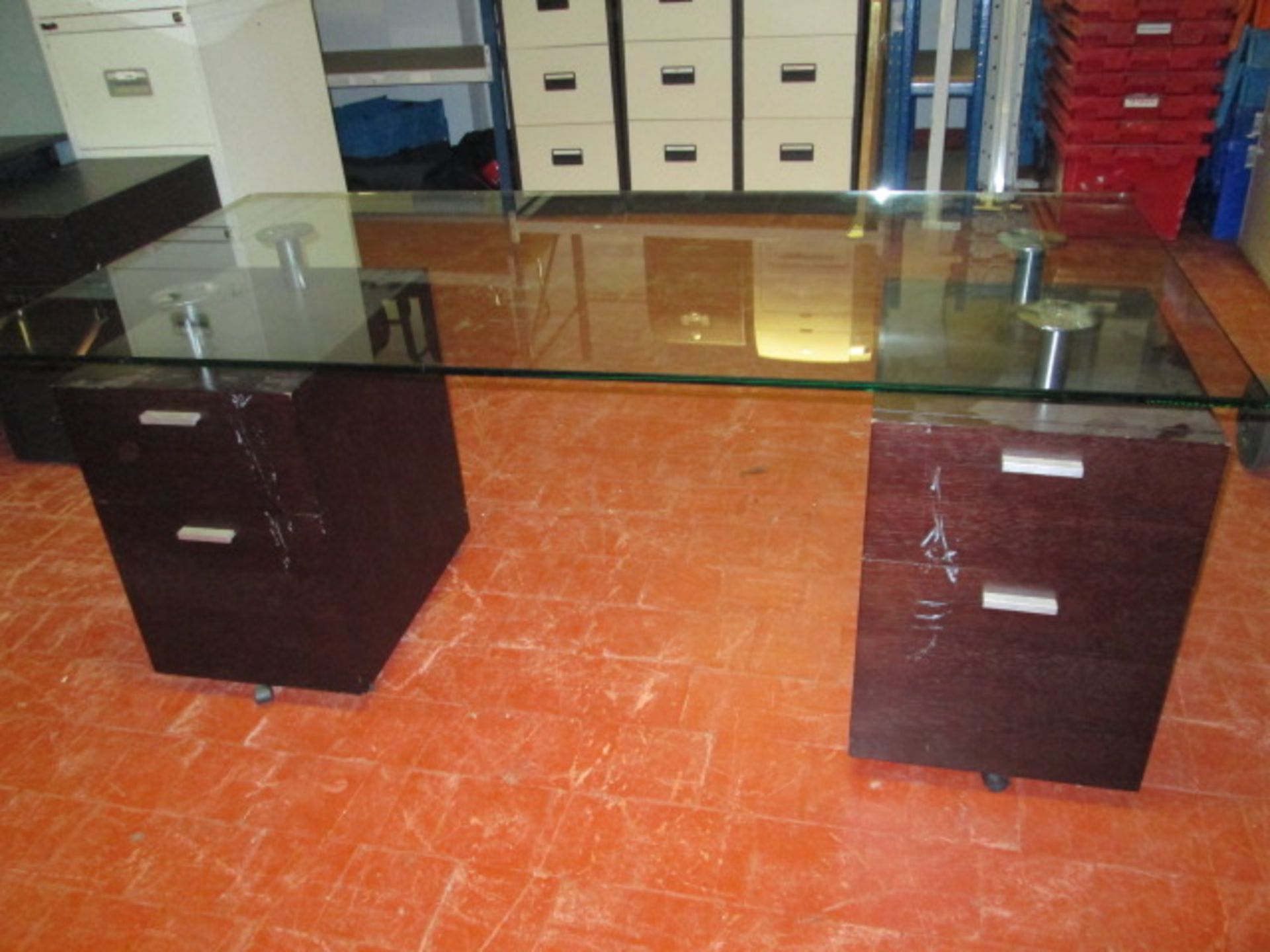 Double Pedestal Desk with Glass Top. (Size of Glass - 160cm x 80cm). Note glass has slight chip to