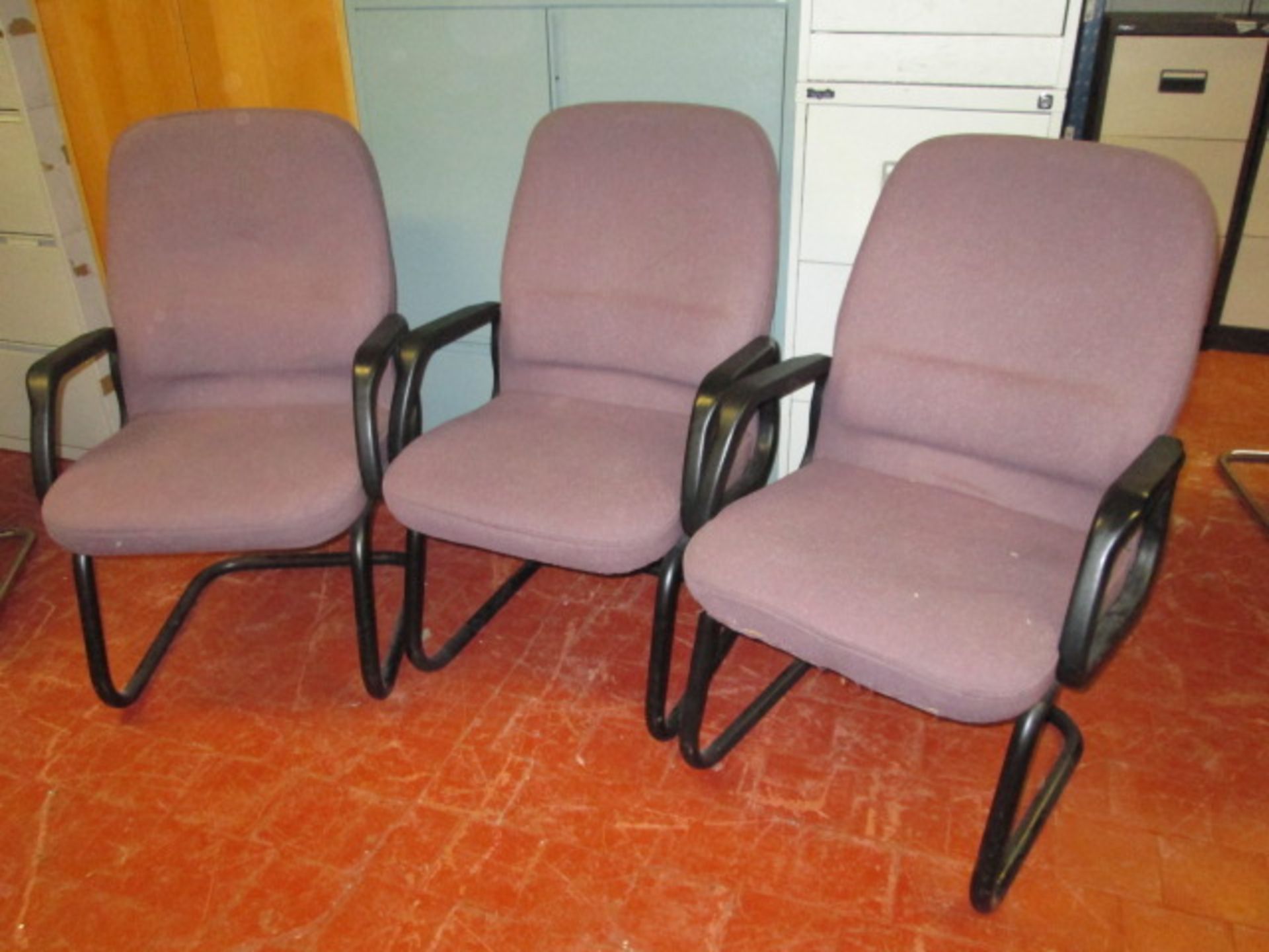 3 x Aubergine Coloured Material Cantilever Chairs